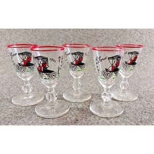 Vintage 1901 Antique Ford Cars Stemmed Shot Glasses Cordials 3.5" Tall Set of 5